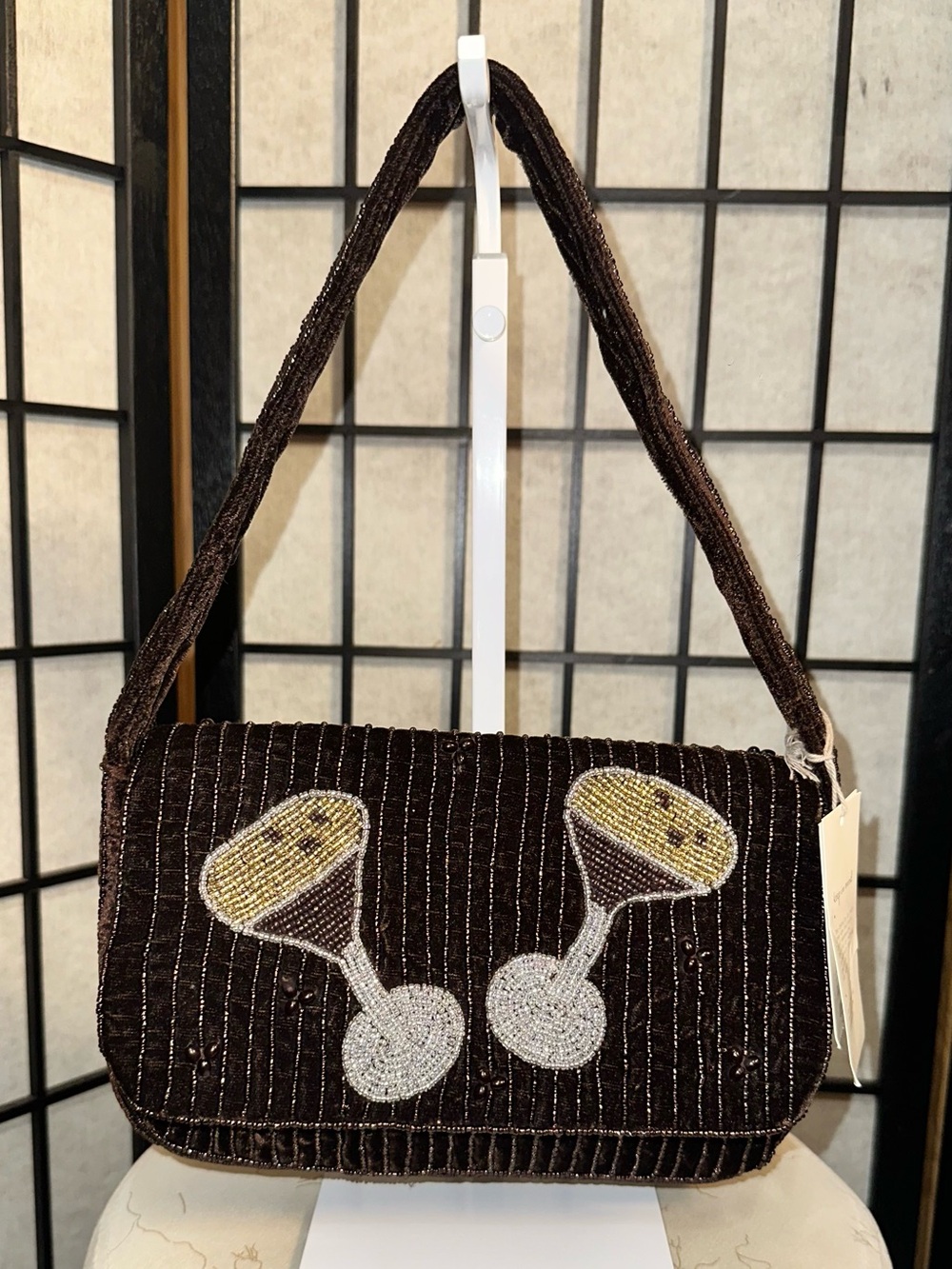 A NEW DAY Espresso Martini Beaded Brown Velour Shoulder Bag